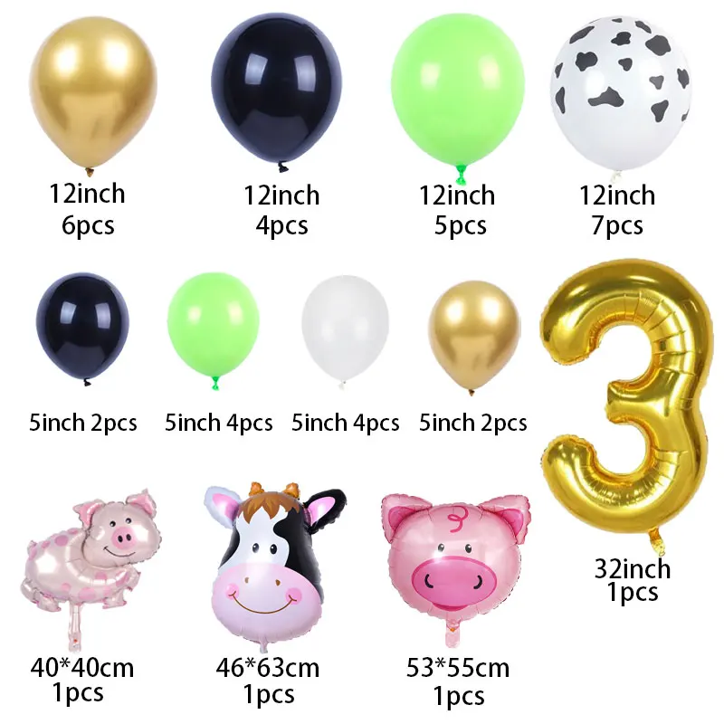 38pcs Farm Theme Birthday Party Balloons Set Cute Cow Pig Number Balloon Set Farm Party Kids 1 2 3 4th Birthday Party Decoration