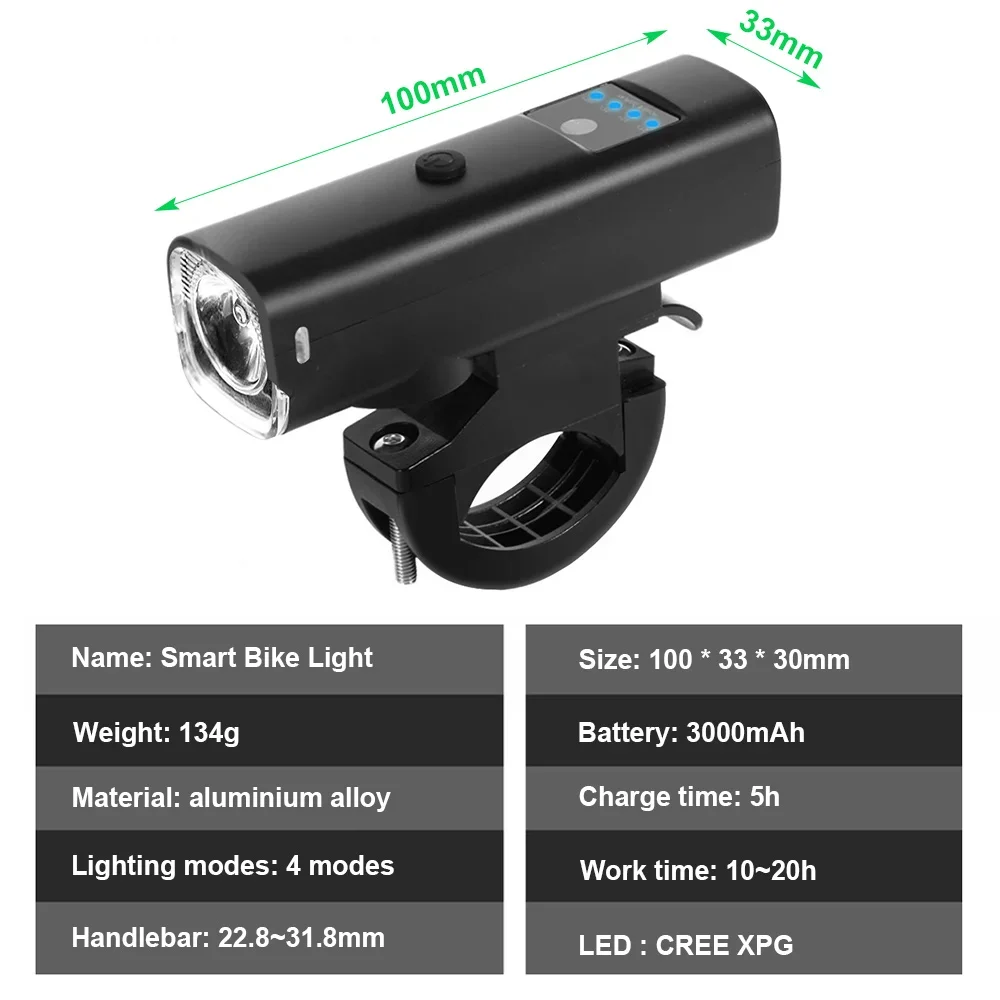 NEWBOLER Smart Bicycle Light Rainproof USB LED 3000mAh MTB Front Light Headlight Cycling Flashlight Bike Light Accessories