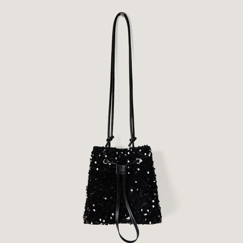 Borsa a secchiello piccola con paillettes da donna di alta qualità per l'estate Design alla moda con coulisse Borse a tracolla singole a tracolla quotidiane versatili