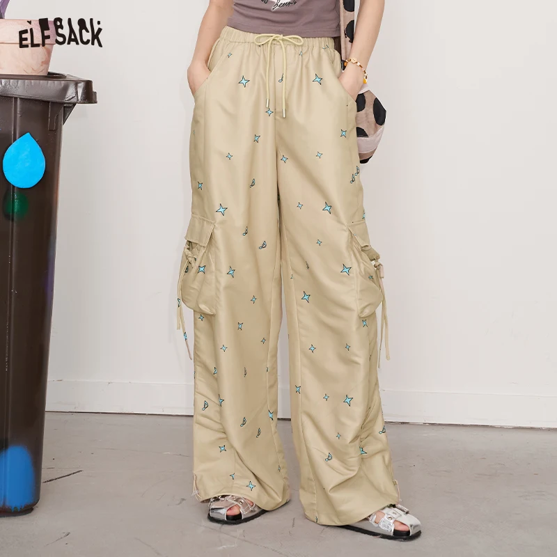ELFSACK 2025 Summer New Arrival Loose Design Casual Trousers Printed Cargo Pants Wide Leg Trousers For Woman