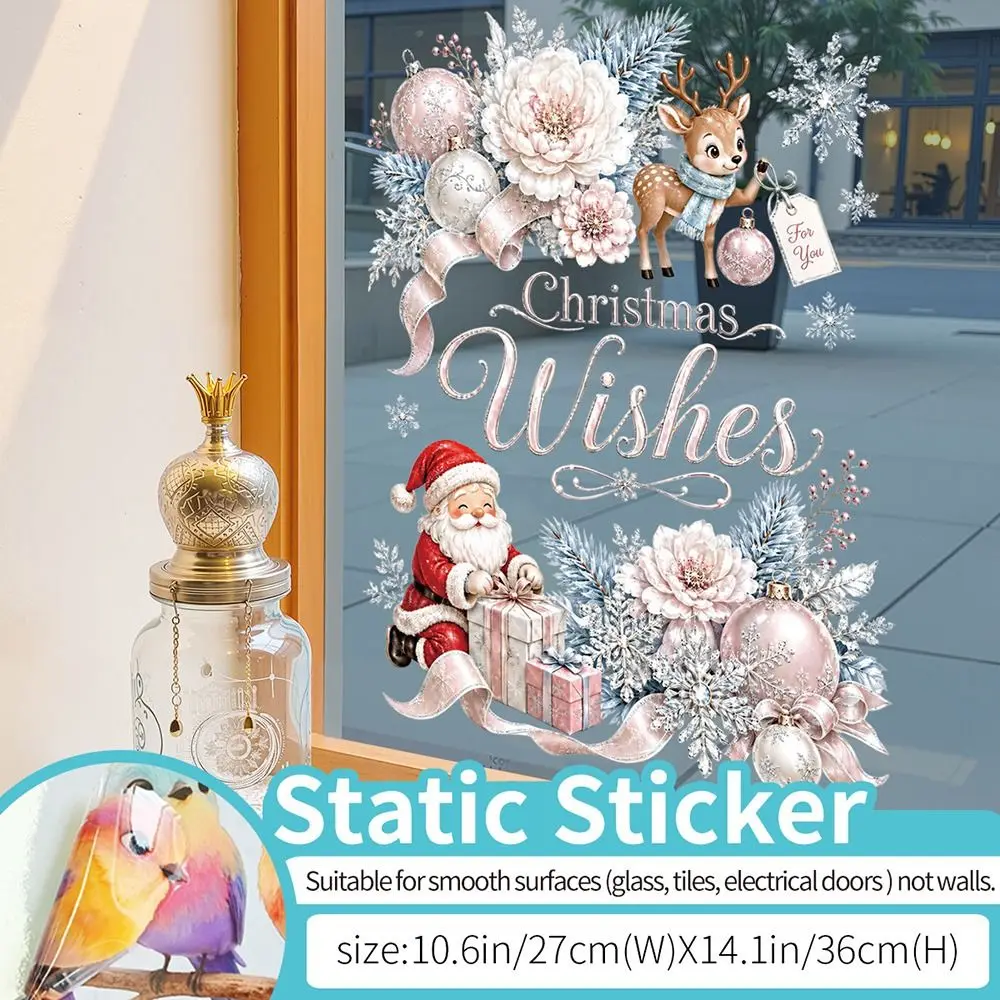 Pink Merry Christmas Window Sticker Static Electrostatic Glass Cling Decals Balloon Flower Cartoon Santa Deer Window Decals
