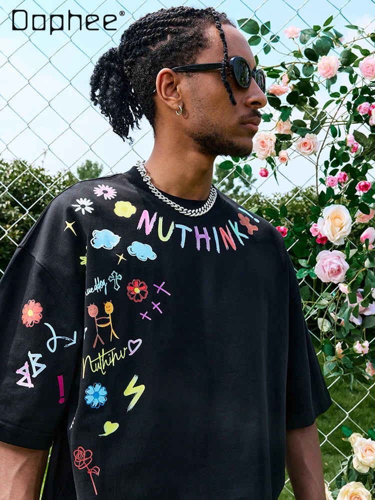 

Новая летняя мужская красочная белая футболка с короткими рукавами и граффити в американском стиле для пары ярко-желтый черный свободный повседневный топ