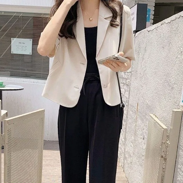 Loose Fit Five Sleeve Top with Patchwork Suit Collar Casual Style Regular Length Japanese Korean Casual Women Summer Jacket