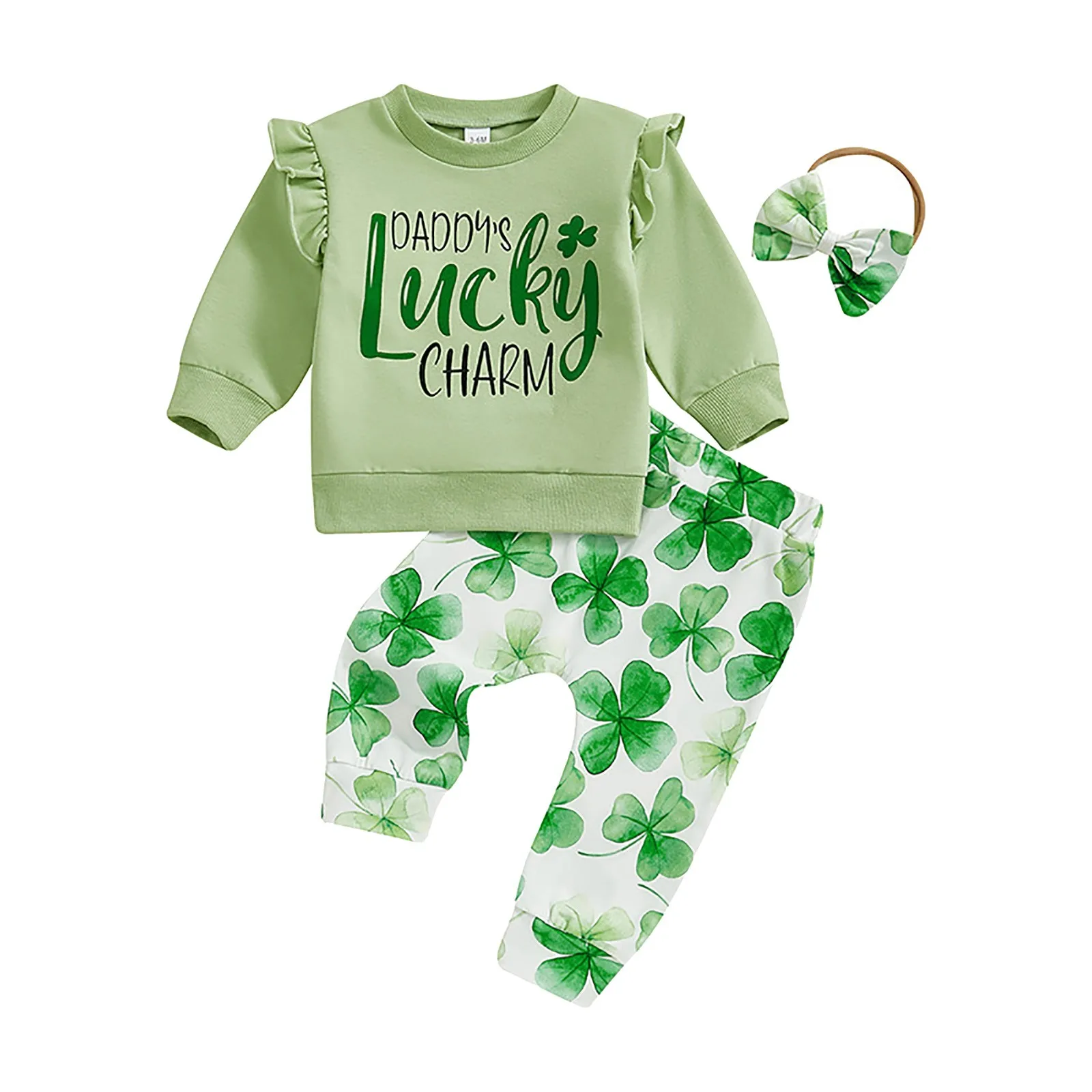 Toddler Baby Girl St Patricks Day Outfit Letter Print Ruffle Long Sleeve Sweatshirt Pants Headband 3pcs Set Conjuntos Para NiñOs