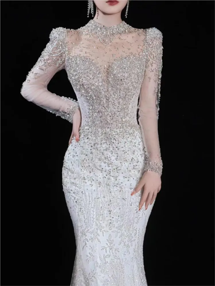 

A new fish-tail light luxury welcome toasting style heavy industry tulle dress for going out