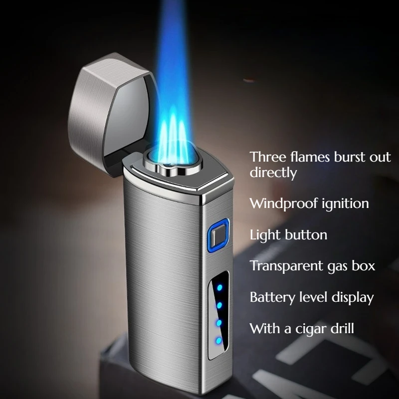High-quality Windproof Battery Level Display Three-charge Lighter with Cigar Hole Fashionable Men's Cigarettes with Gift