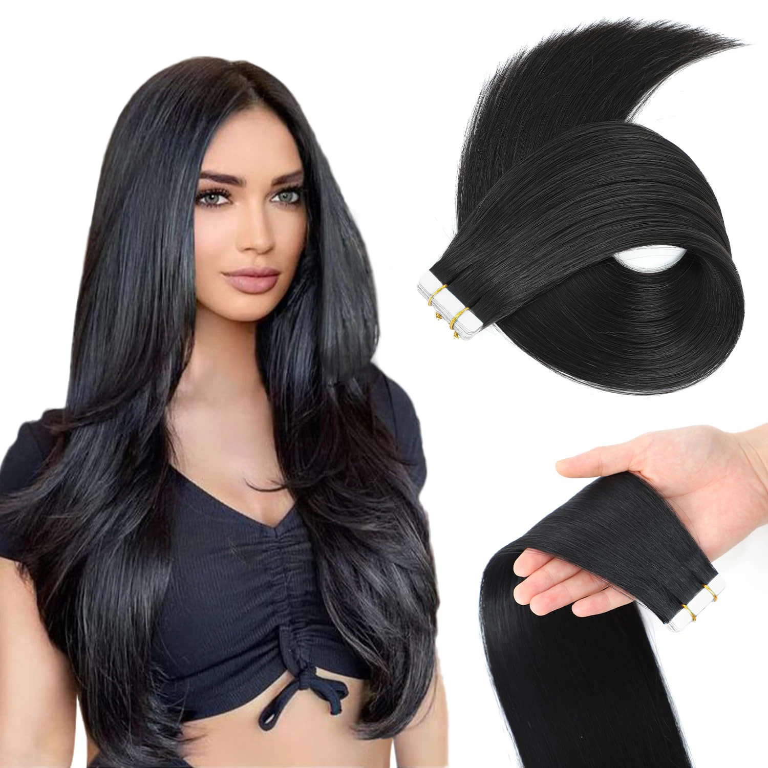 Tape in Hair Extensions Straight Human Hair Seamless Adhesive Invisible 100% Real Human Hair Tape ins Hair Extensions Natural 1B