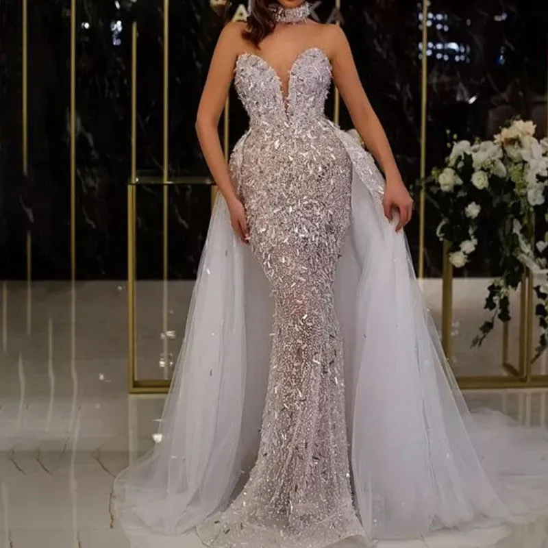 New sequined fishtail collar sleeveless long dress for elegant banquets