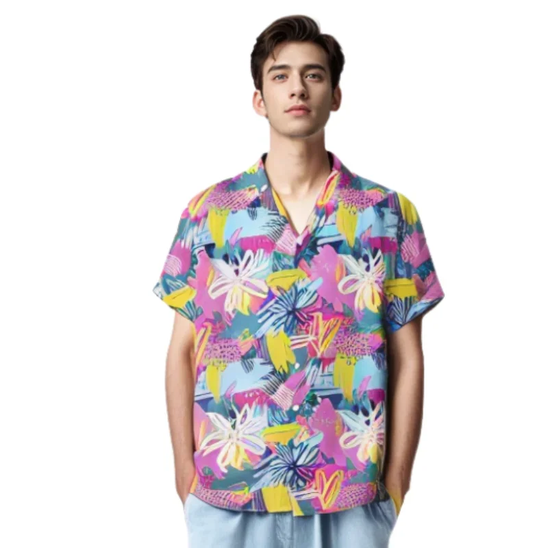 

2025 Summer Block doodle Flower Design Print Chemise hawaïenne à revers à manches courtes pour hommes et femmes, idéale pour le