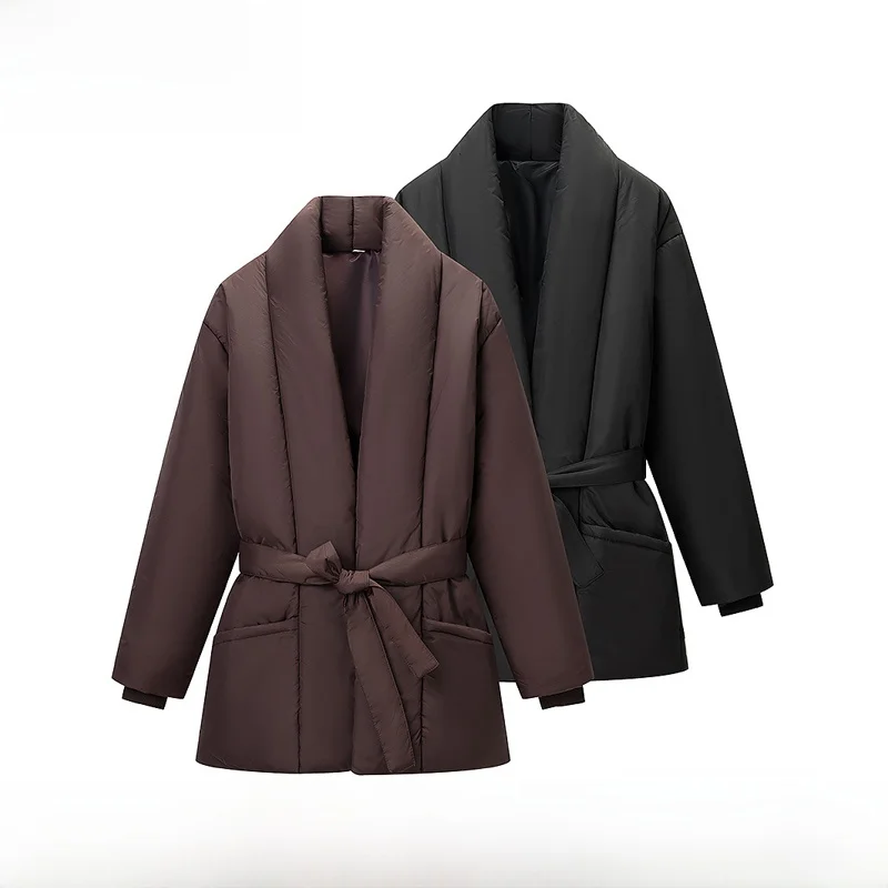 Nouveau automne hiver femmes Faionable couleur Pure ceinturé ample chaud coton Jaet vêtements d'extérieur simple bouton Long Sve costume col