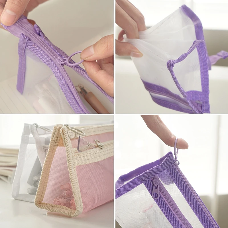 Transparent Mesh Pencil Bag Pen Case Double Layer Gauze Storage Pouch for Stationery Office School A7453