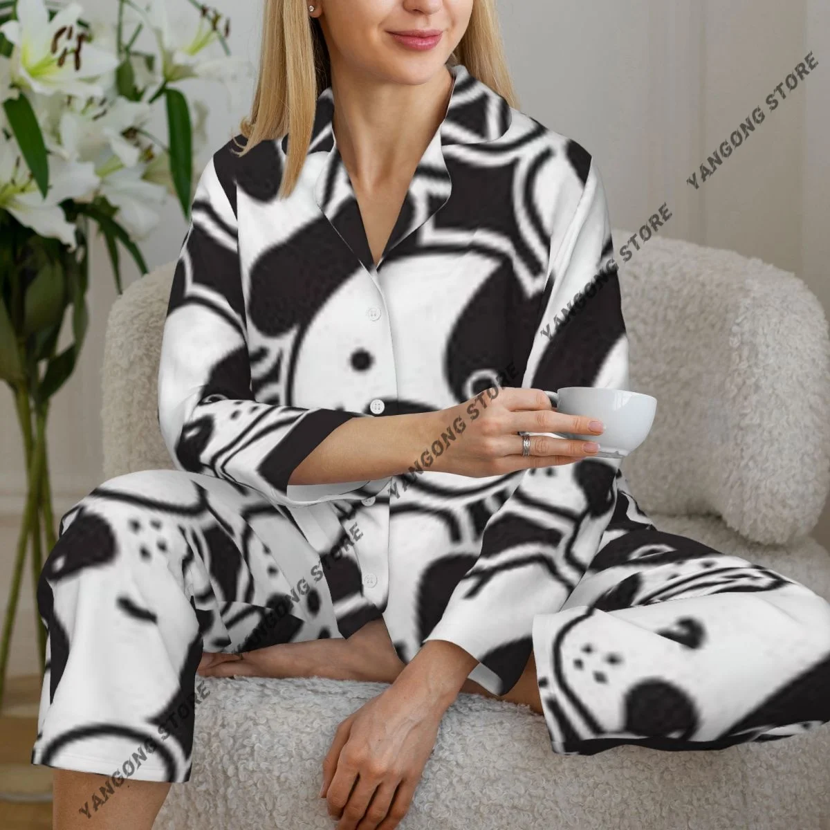 

Spring and Autumn Long Sleeve Pants Pajamas Loungewear Set Dog Bone Women's Pull Edge Loose Sleeping Suit