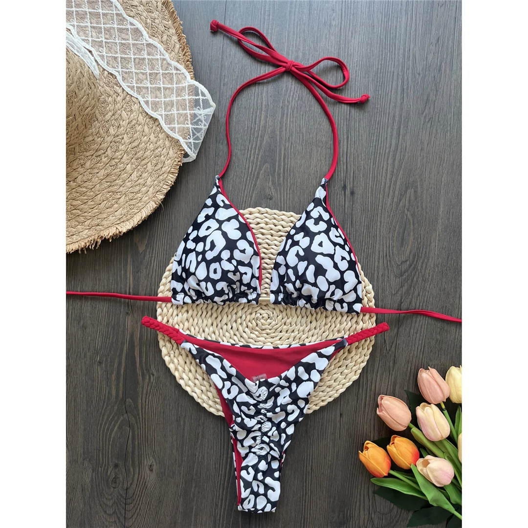 Leopard-Print-Bikini mit Neckholder und Scrunch-Design, Damen-Badeanzug, zweiteiliges Bikini-Set, Badebekleidung, Badeanzug, Modell V6065. – Detail 9