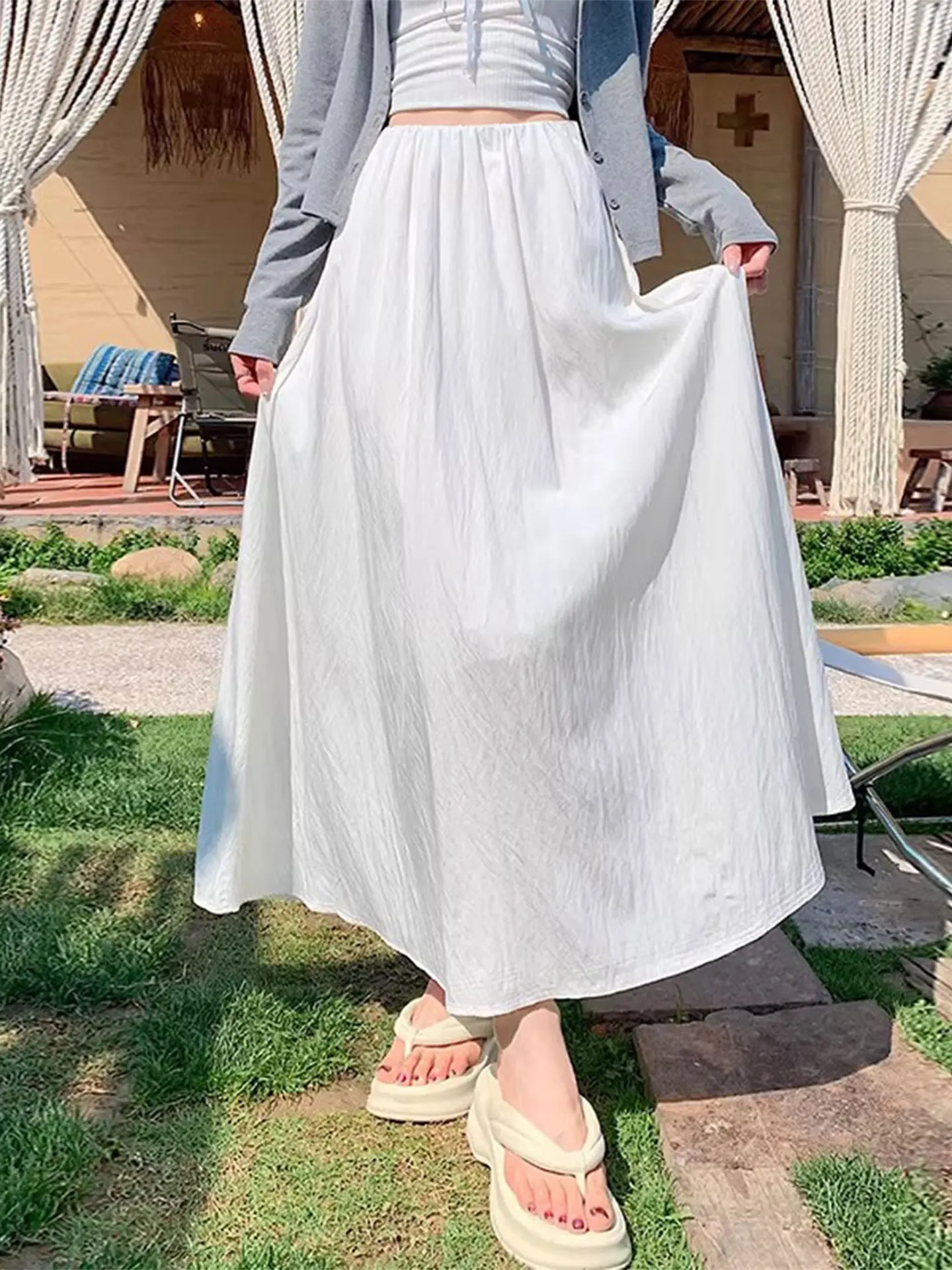 

Белая драпированная длинная юбка-миди женская повседневная с высокой талией, многоярусная, весна 2026, большие размеры, скрывающая бедра, элегантная повседневная юбка