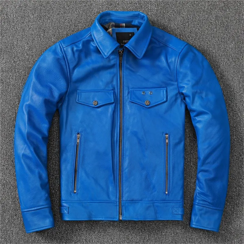 

New top-grain cowhide leather for men blue lapel short coat