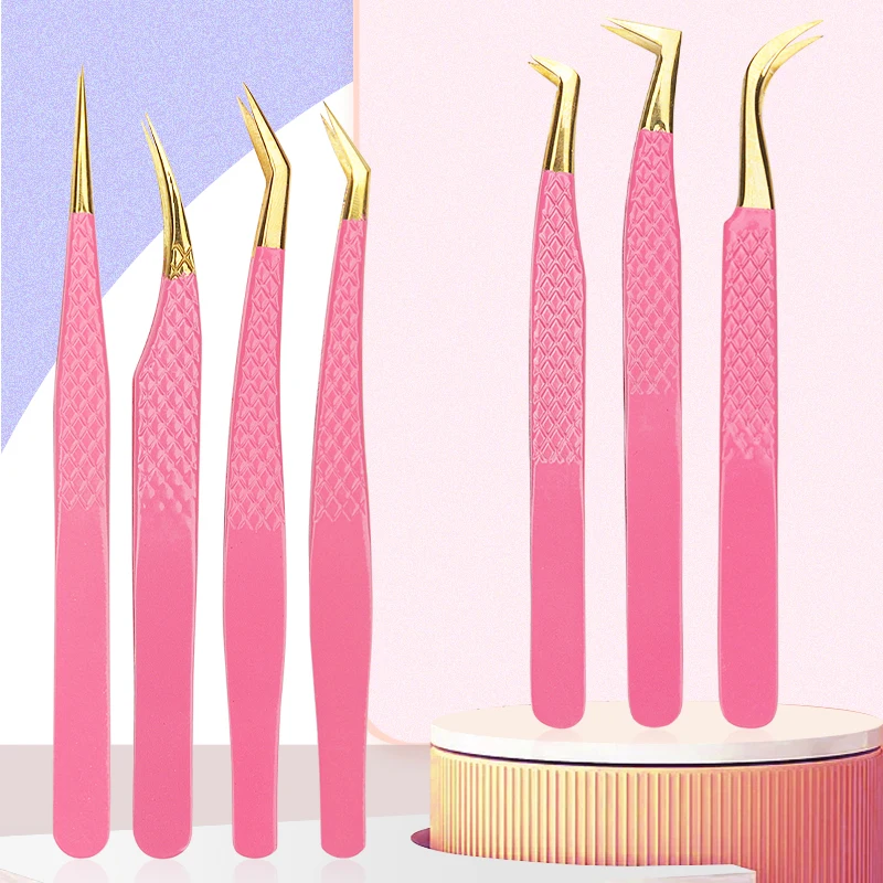 1PC Pink Stainless Steel Eyelash Tweezers Anti-static Non-magnetic Professional Pincet 3D Lashes Extension Tweezer Makeup Tools