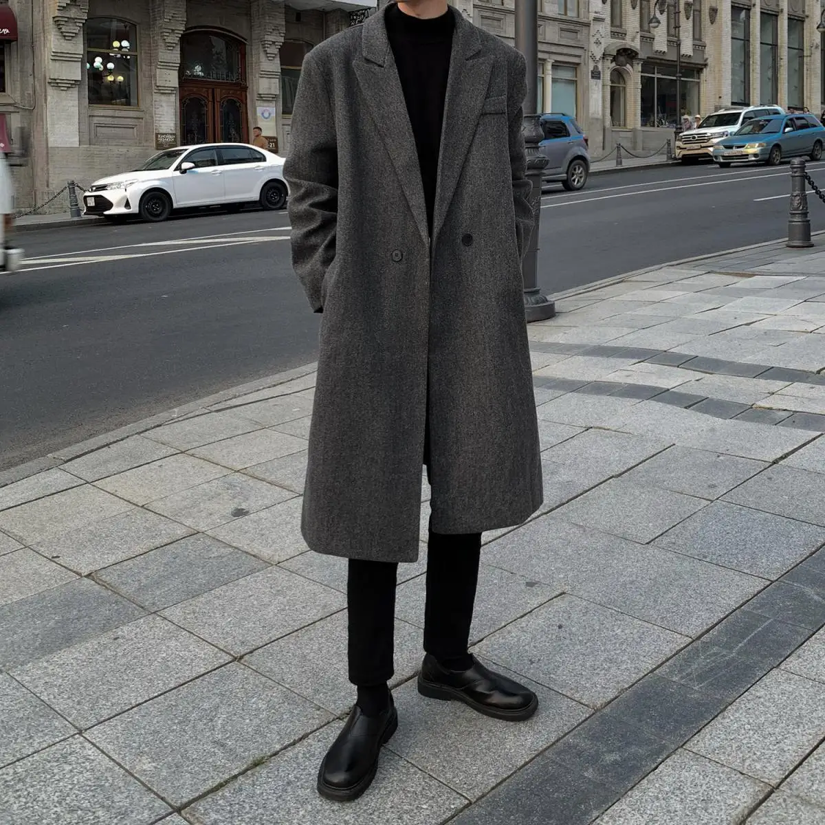 

Wool Blend Double Breasted Coat Men Mans Keyhole Neck Peephole Slit Opening Simple Clean Basic Essential Pure Fundamental Warmer