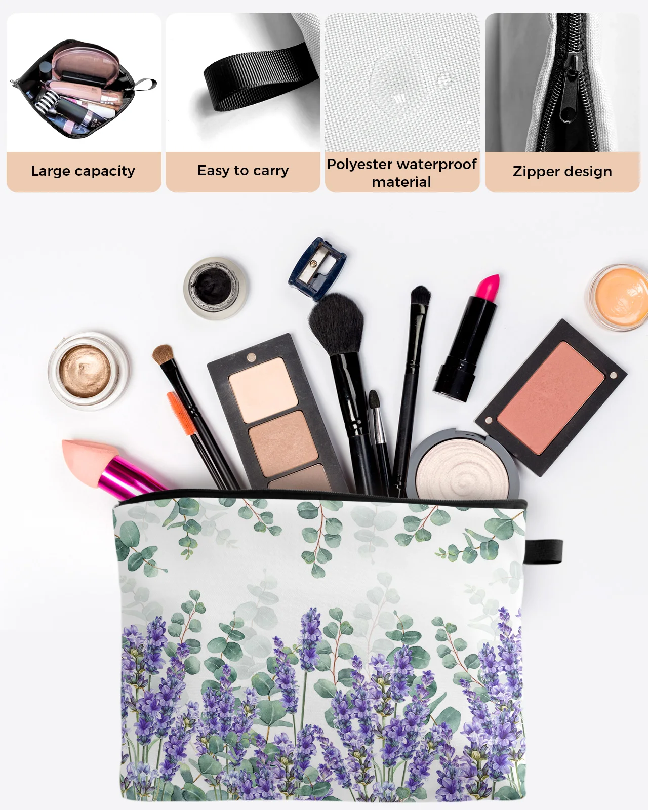 Eucalyptus Leaves Lavender Flower Plant Makeup Bag Pouch Travel Essentials Women Cosmetic Bags Organizer Storage Pencil Case