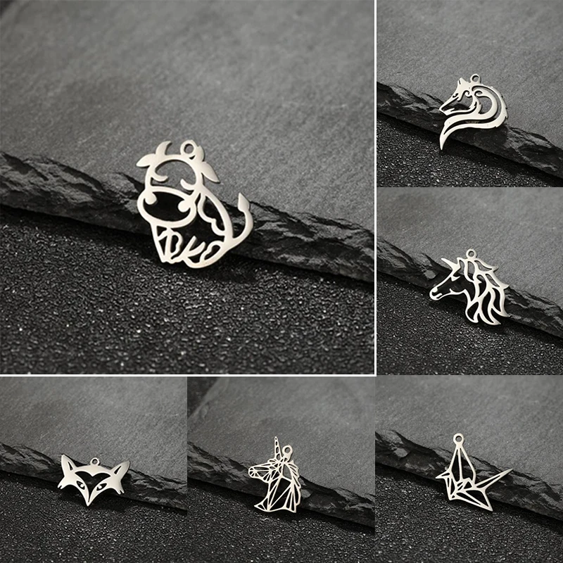 5pcs Cartoon Stainless Steel Fox Crane Pendant Cute Cow Unicorn DIY Jewelry Making Animal Charm Necklace Bracelet Accessories
