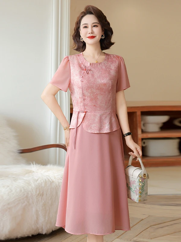

Mother's Day Short Sleeve Qipao Dress Ethnic Style Loose Fit Wedding Dress for Middle-Aged And Elderly Women Elegant Ageless