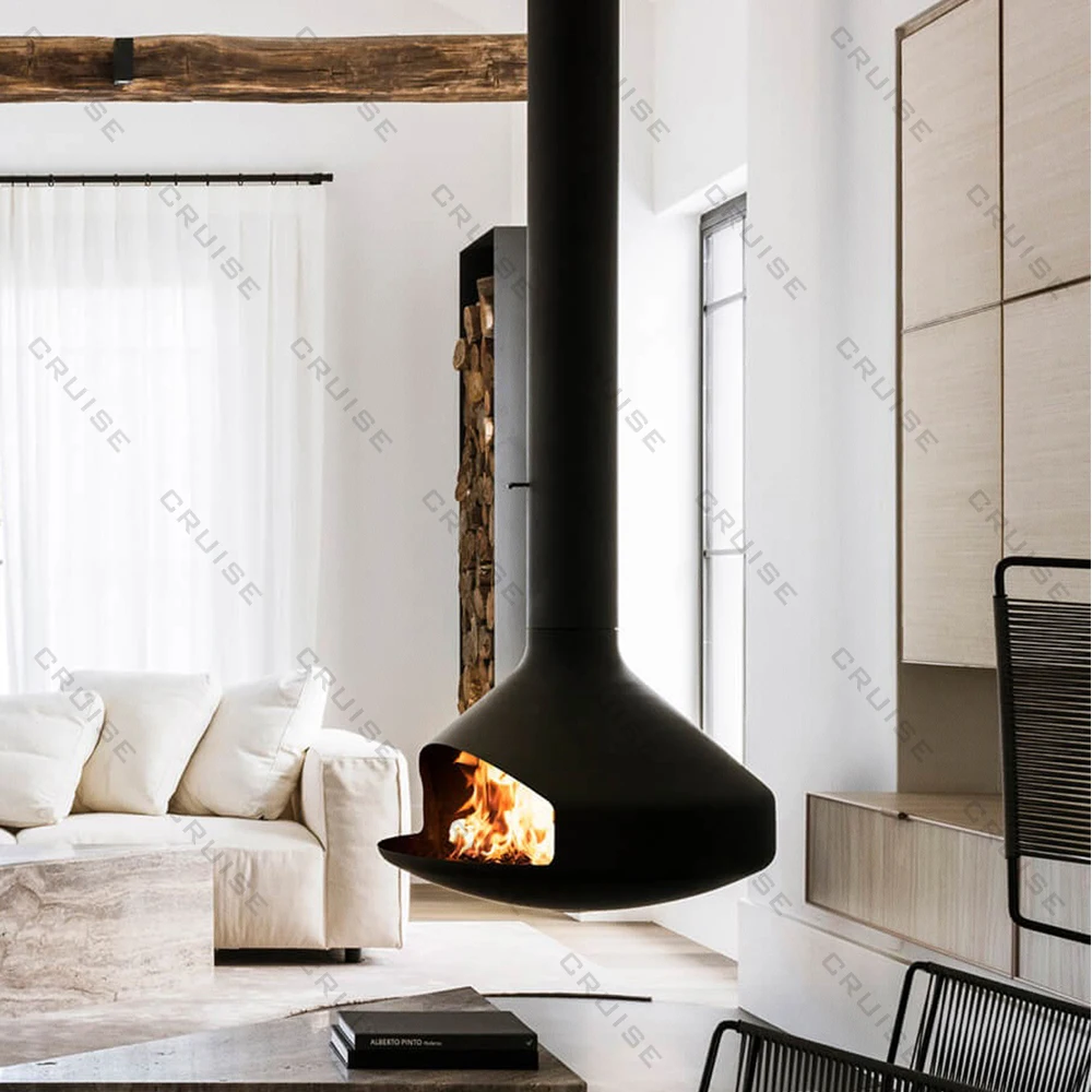 Ceiling Mounted Low-Energy Refractory Furnace Suspended Wood Stove Gas 800mm Hanging Fireplace Indoor Living Room