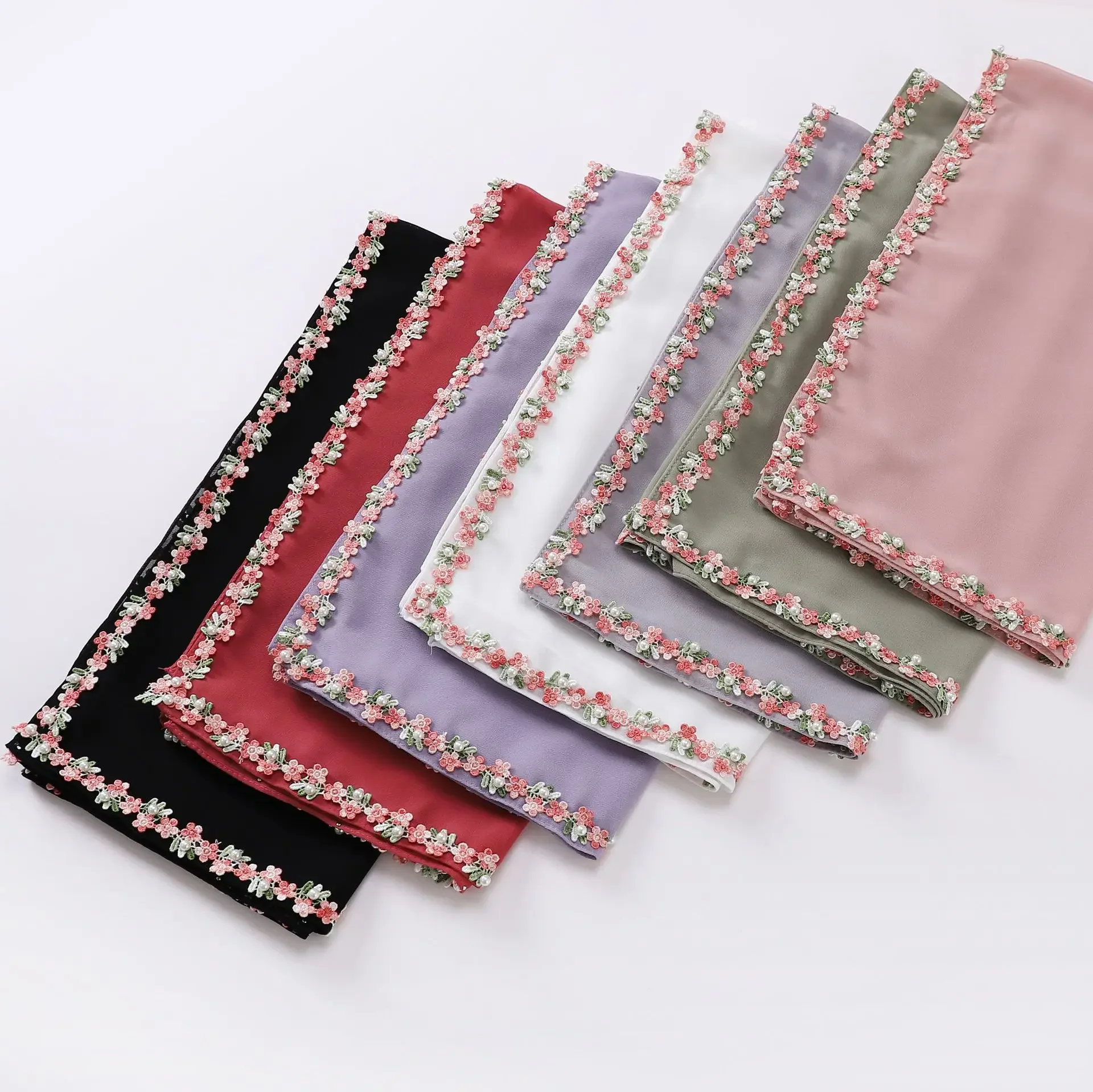 Pearl Chiffon Small Fragrant Wind Lace Bead Scarf Islamic Scarf Cute and Sweet Small Square Scarf 90*90cm