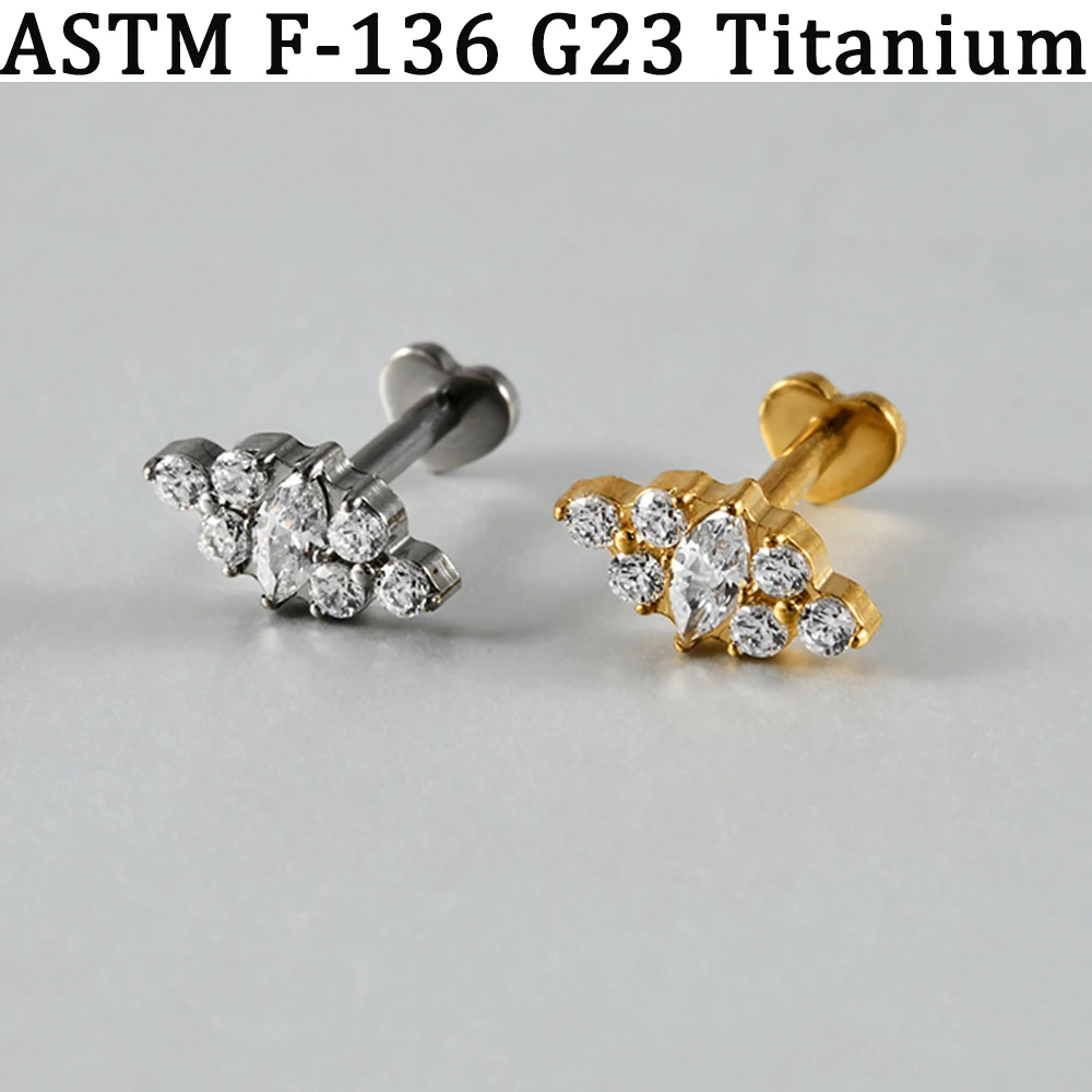 2/1PCs CZ Marquise Paved Lip Labret G23 Implant Titanium Inlaid Cubic Zironia Cluster Nose Ear Helix Daith Conch Lobe Earring