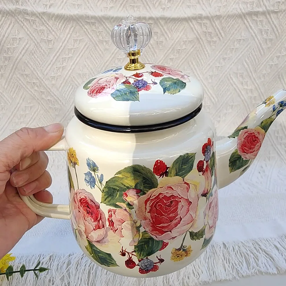 1.4L, Ethnic style enamel tea kettle, Household heatable coffee pot, Large capacity cold Kettle European style milk tea pot