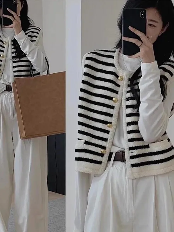 

Bla White Striped Svel Knitted Vest Outerwear Women's Spring Autumn Open Cardigan Outerwear Sweater Vest Faionable