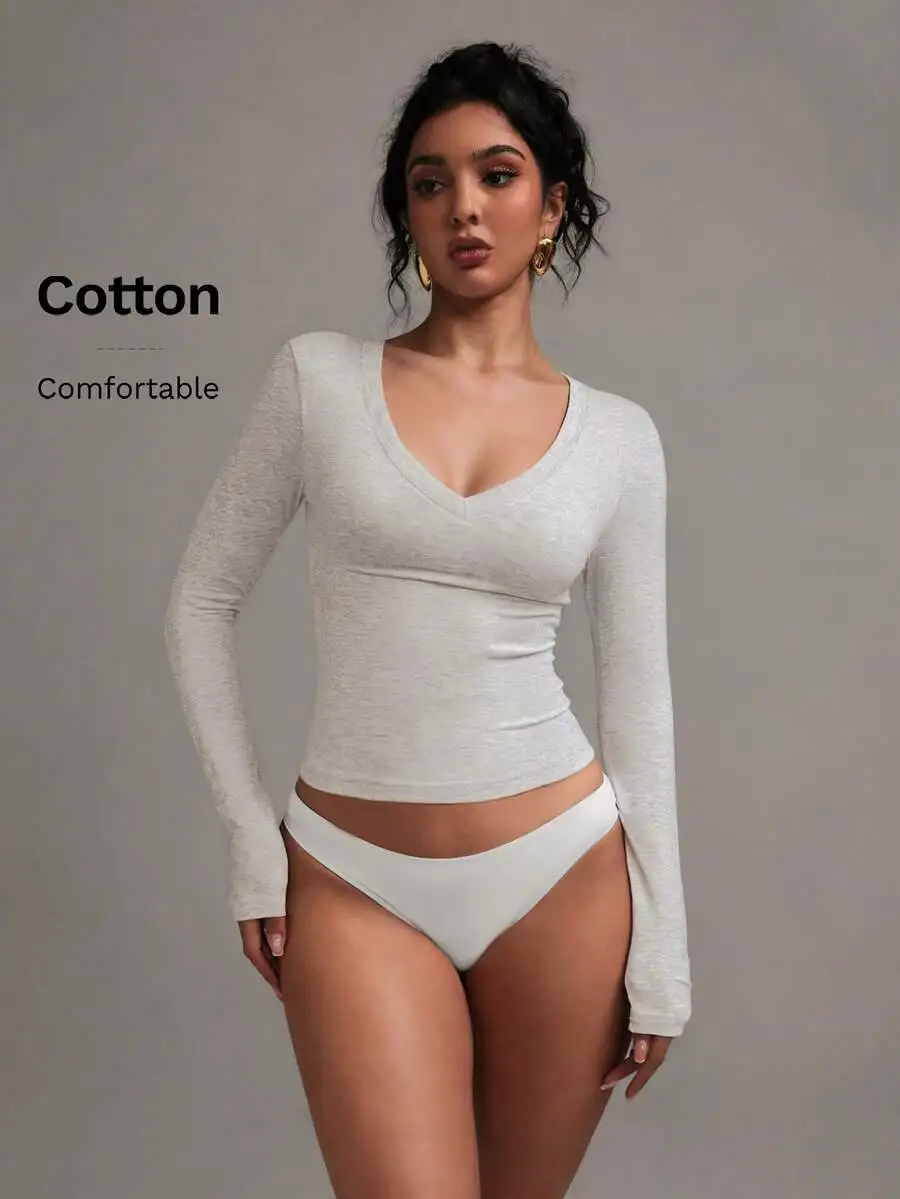 Women's V-Neck Long Sleeve Top - Soft Stretch Cotton Blend, Casual Fit
