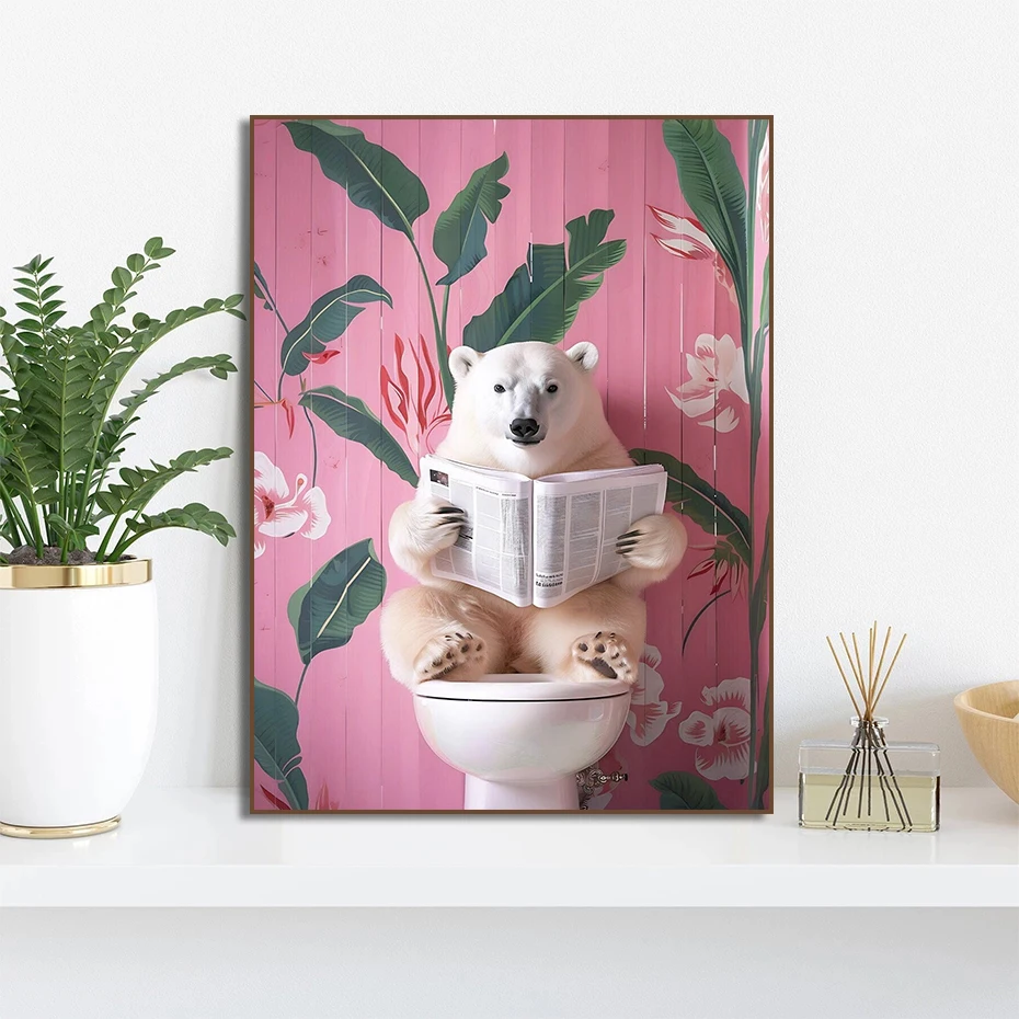 Funny Toilet Animals Black Cat Dog Flamingo Bear Tiger Reading Newspaper Poster Canvas Painting Wall Art Pictures Bathroom Decor