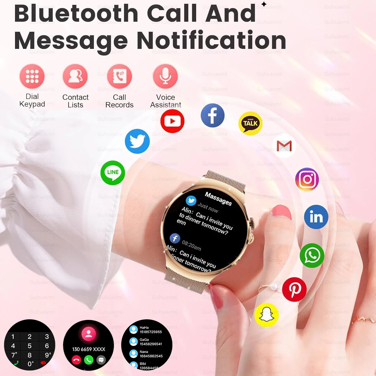 ساعة ذكية للنساء AMOLED NFC مقاومة للماء ونظام تحديد المواقع العالمي (GPS) ومسار رياضي ومعدل ضربات القلب للسيدات والصحة وضغط الدم ساعة BT Call Smartwatch