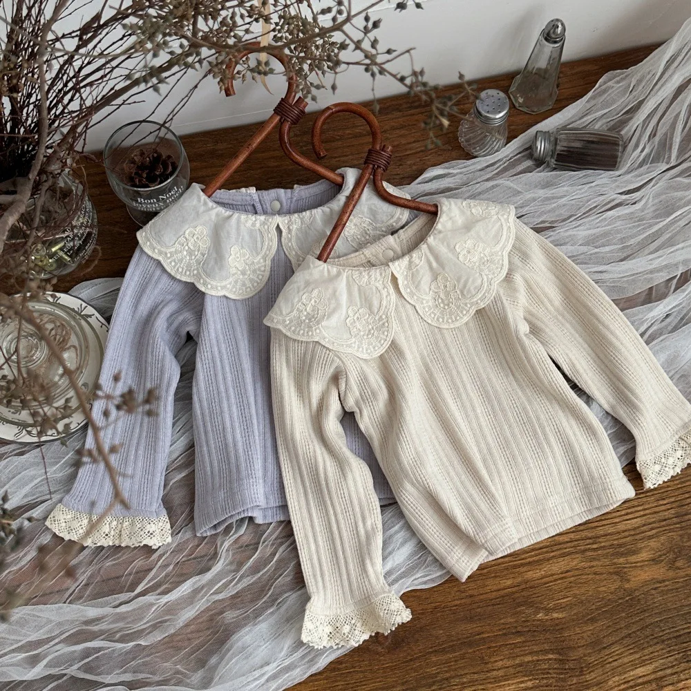 2026 Spring 6M-4Y Ins Baby Girl Clothes Korean Knit T-shirts Lace Peter Pan Collar Cuff Soft Elegant Casual Long Sleeve Blouse