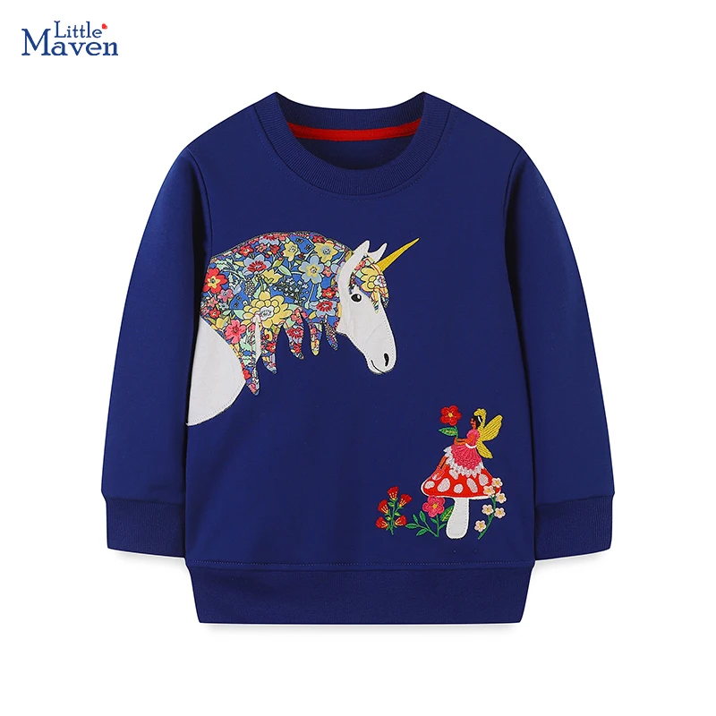 

Одежда для девочек Little maven, весенне-осенние топы с вышивкой единорога из мультфильма, хлопковые толстовки, детская одежда, детские костюмы