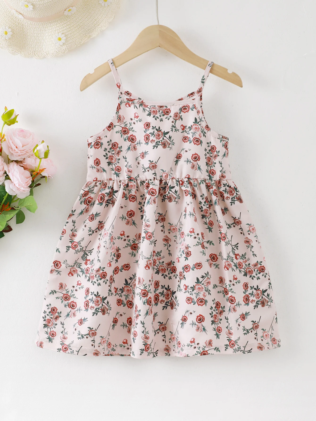 Kids Girl Summer New Dress Suspenders Flower Print Fashion Skirt Forest System Style Simple Daily Clothing for Girl 4-7 Years