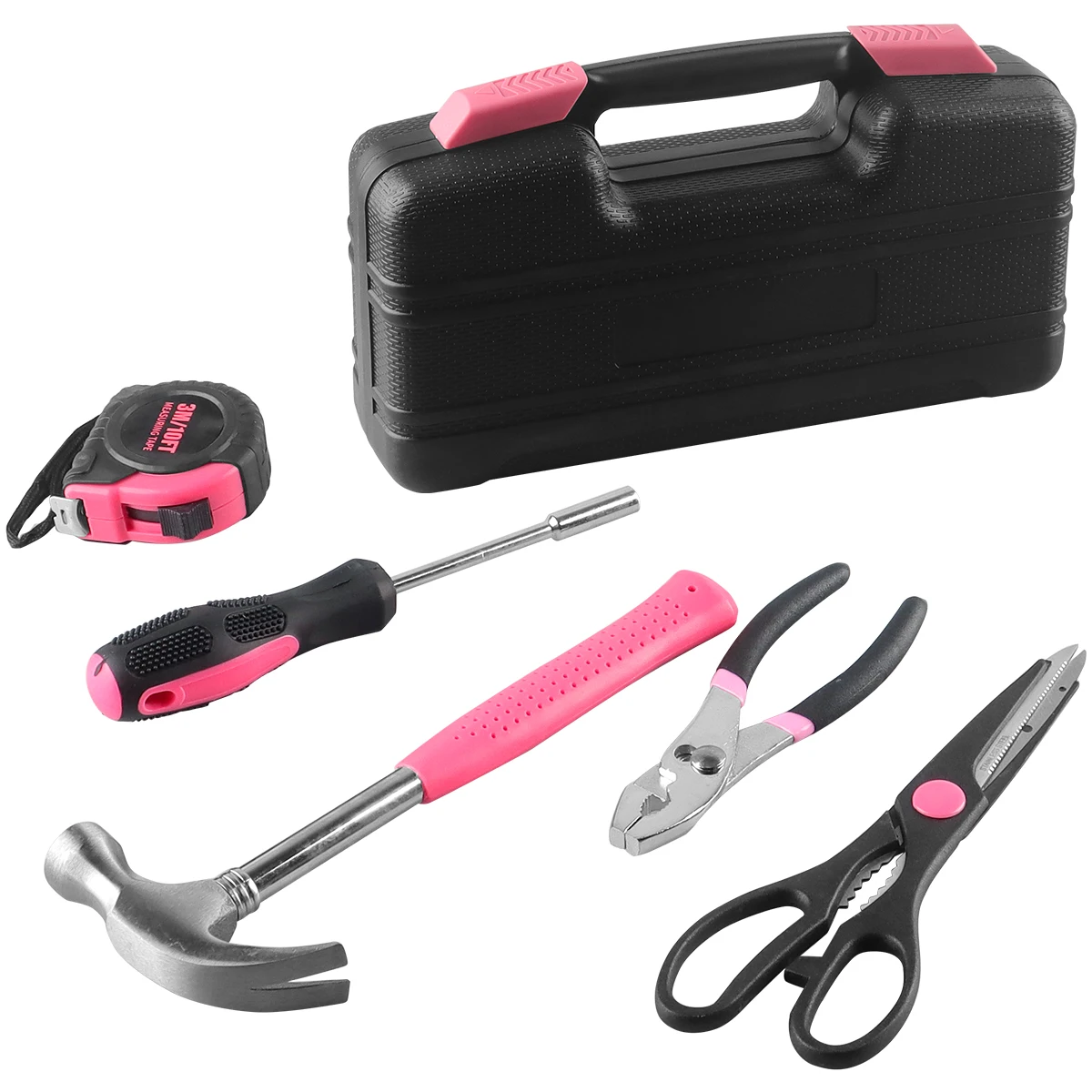 39Pcs Household Repair Tool Kit Multipurpose Pink Home Hand Tool Set with Storage Case Durable Hammer and Screwdriver Set