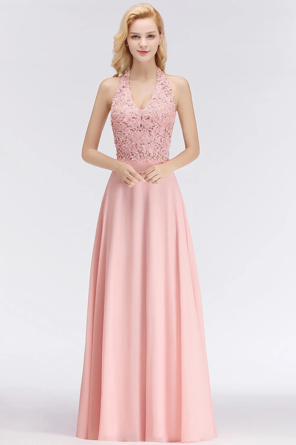 Pink Chiffon Evening Dresses Women Elegant Halter Pearls A Line Lace Appliques Backless Formal Party Prom Gowns Robe De Soiree