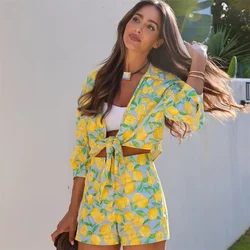 Taop&Za Summer New Product Women's Fashion Lemon Print Lapel Lace up Long sleeved Shirt Casual Print Shorts Set