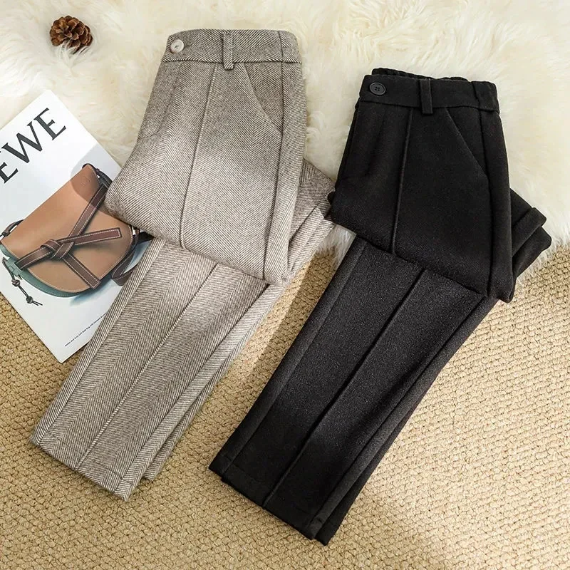 

Woolen Pants Womens Autumn Winter New High Waist Large Size Plush Velvet Thick Harem Casual Outer Wear Warm Trousers Z339