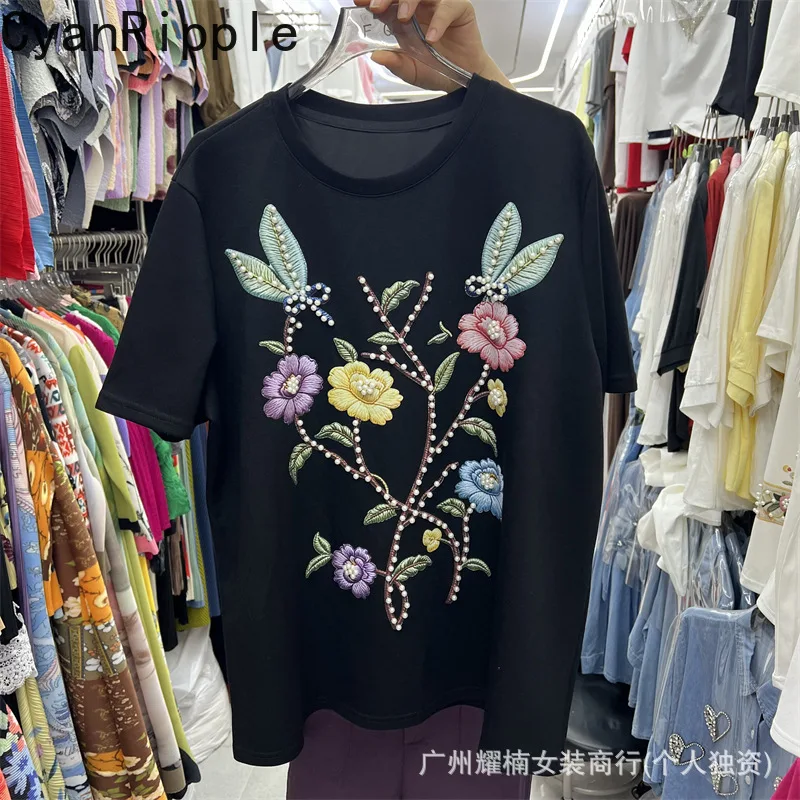 

Fashionable Spring Summer Short Sleeve T-shirt Beading Flowers Printed Round Neck Pullover Top Female Casual Cotton Basic Tees