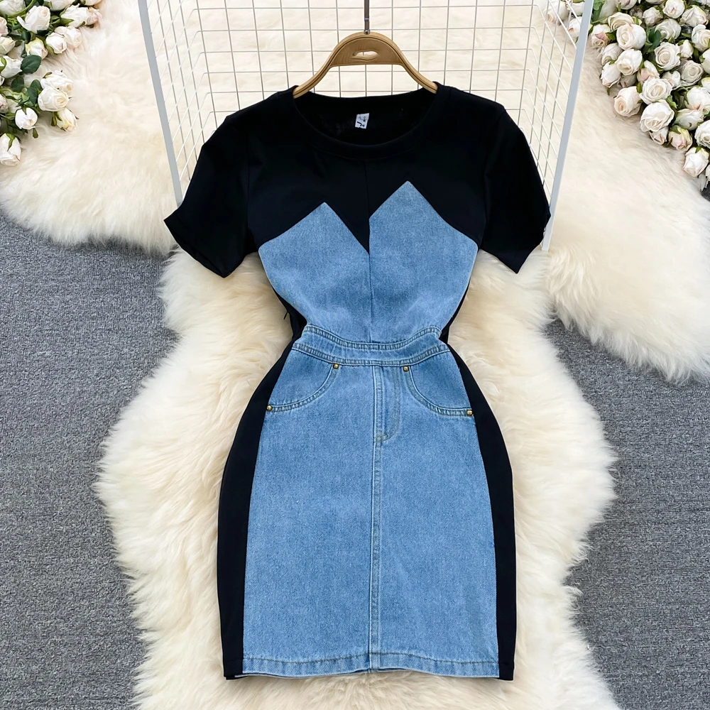 

Women's Fake Two Pieces Summer New Style Round Neck Vintage Short Sleeve Female Fashionable Streetwear Denim Patch Work Dress