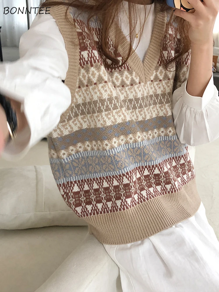 Knitted Sweater Vests Women Preppy All-match Age-reducing Korean Fashion Baggy Casual Spring Autumn Outwear Vintage Striped Ins