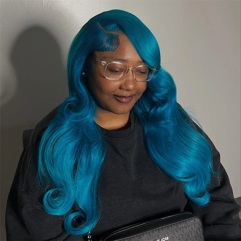 

13x6 Teal Ocean Blue Lace Front Wig Human Hair Body Wave 613 Blonde Lace Frontal Wig Preplucked Mint Green Color Human Hair Wigs