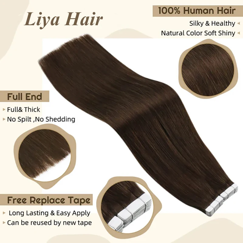 Cinta recta de hueso para extensiones de cabello, pegamento adhesivo de trama de piel en salón, marrón oscuro, extensiones de cabello humano para mujeres, #2