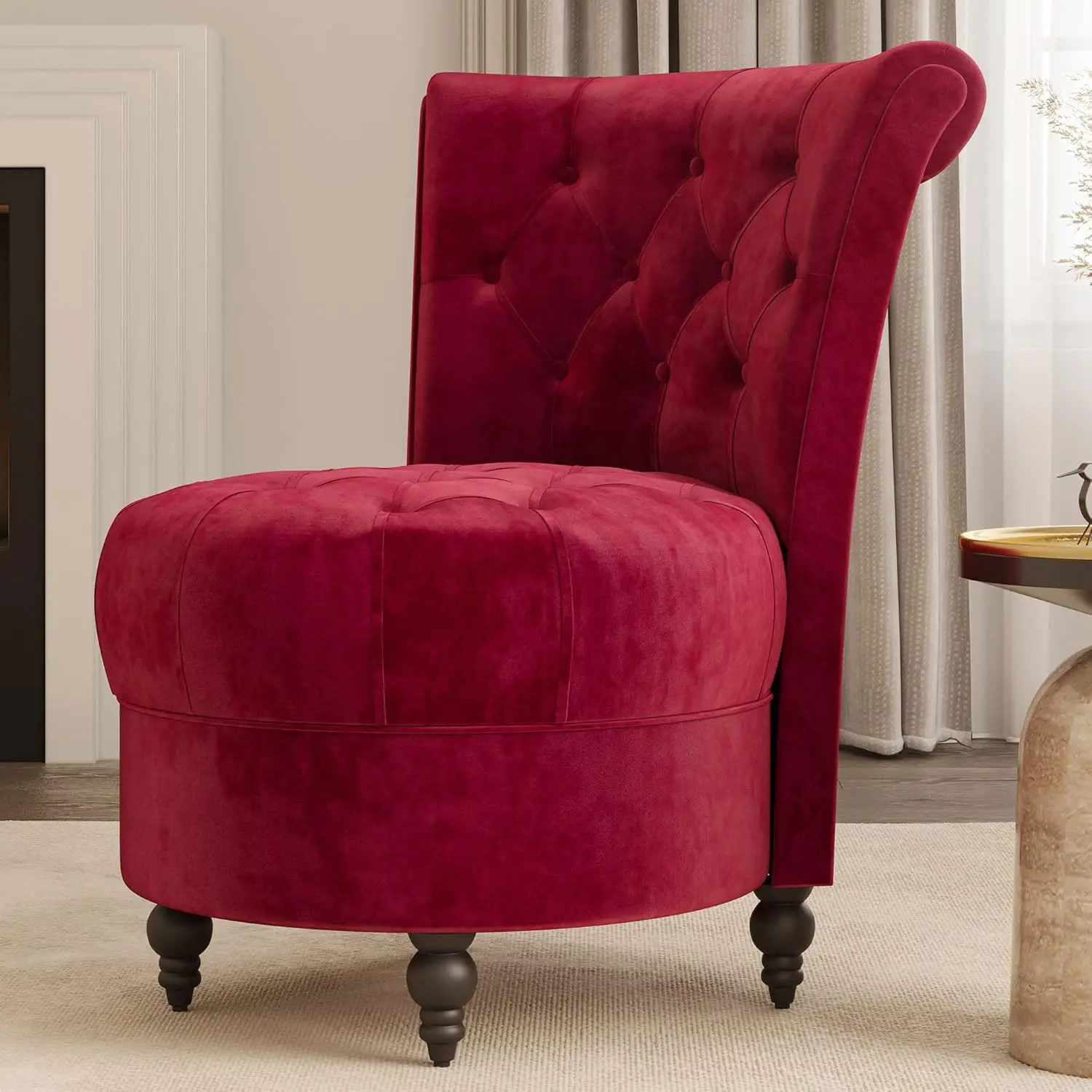 Throne Royal Chair, Button-Tufted Accent Chair, Upholstered Velvet Chair, Low Back Armless Chair with Thick Padding and