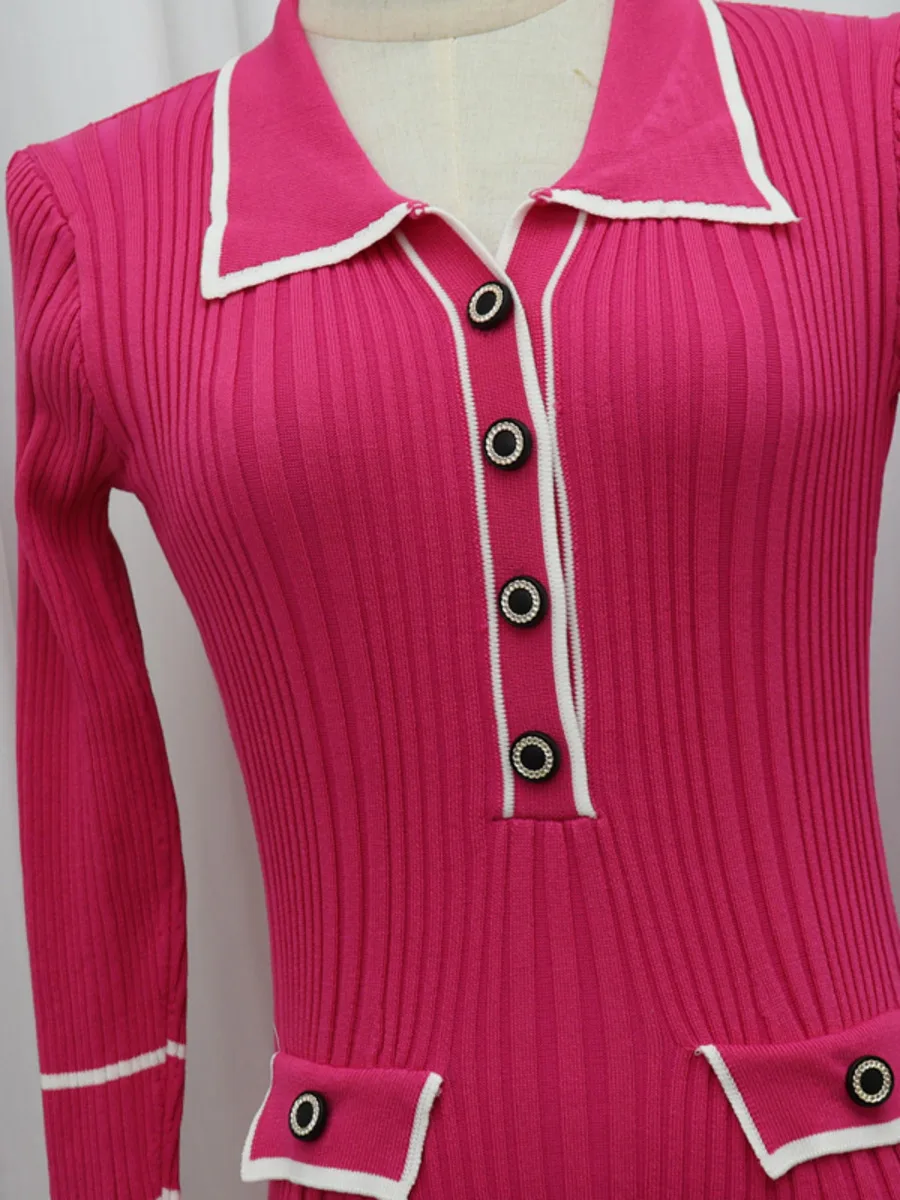 Autumn Winter Elegant Knitted Long Ruffles Dress For Women 2024 New High Waist Buttons Turn-down Collar Sweater Dresses Female