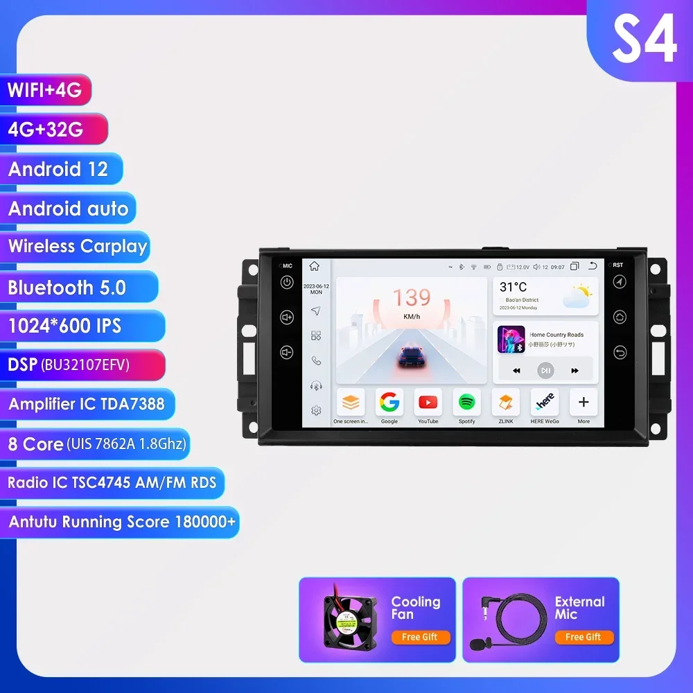 Hizpo 7 Zoll Android Autoradio für Jeep Cherokee 2009 2008 2010 Wrangler Dodge Challenger Chrysler GPS Stereo KEINE DVD 4G Carplay