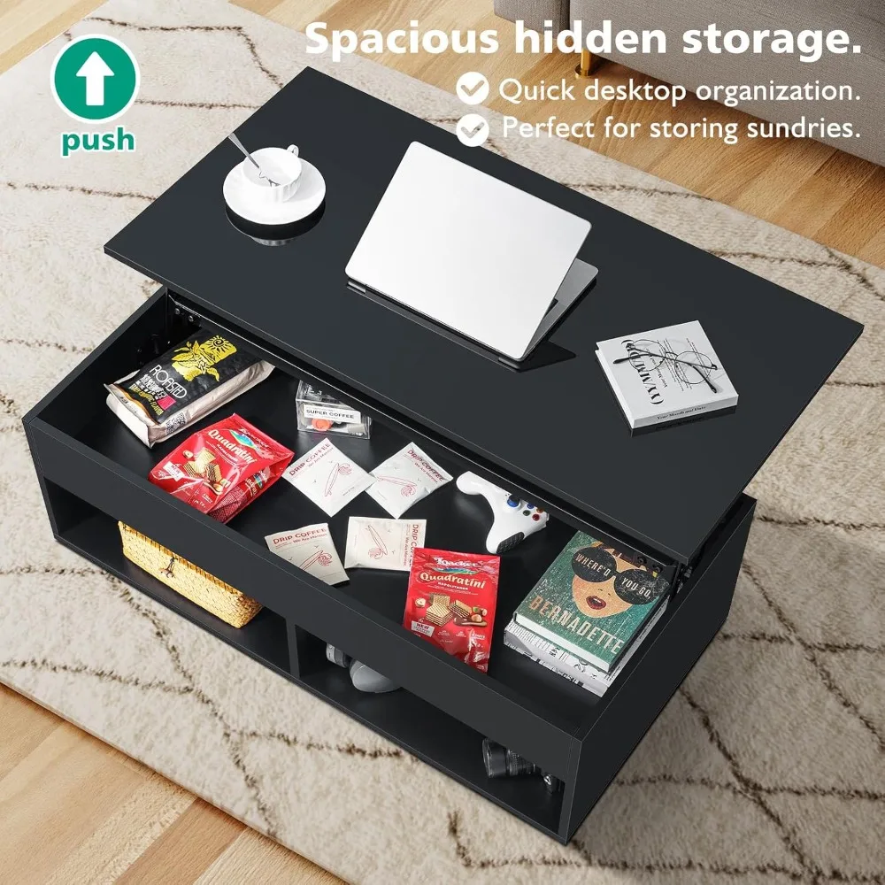 set di 2 tavolini da caffè e supporto TV con piano sollevabile a led, centro di intrattenimento moderno a led con prese di corrente per TV fino a 55", linguetta caffè