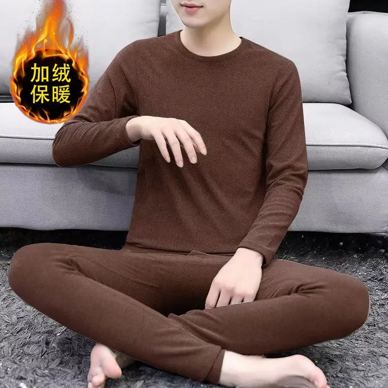 Men's Casual O-Neck Solid Autumn Winter Flannel Warm Underwear Set Elastic Tight-fitting Heat Base Shirt Clothes Top Pants Male