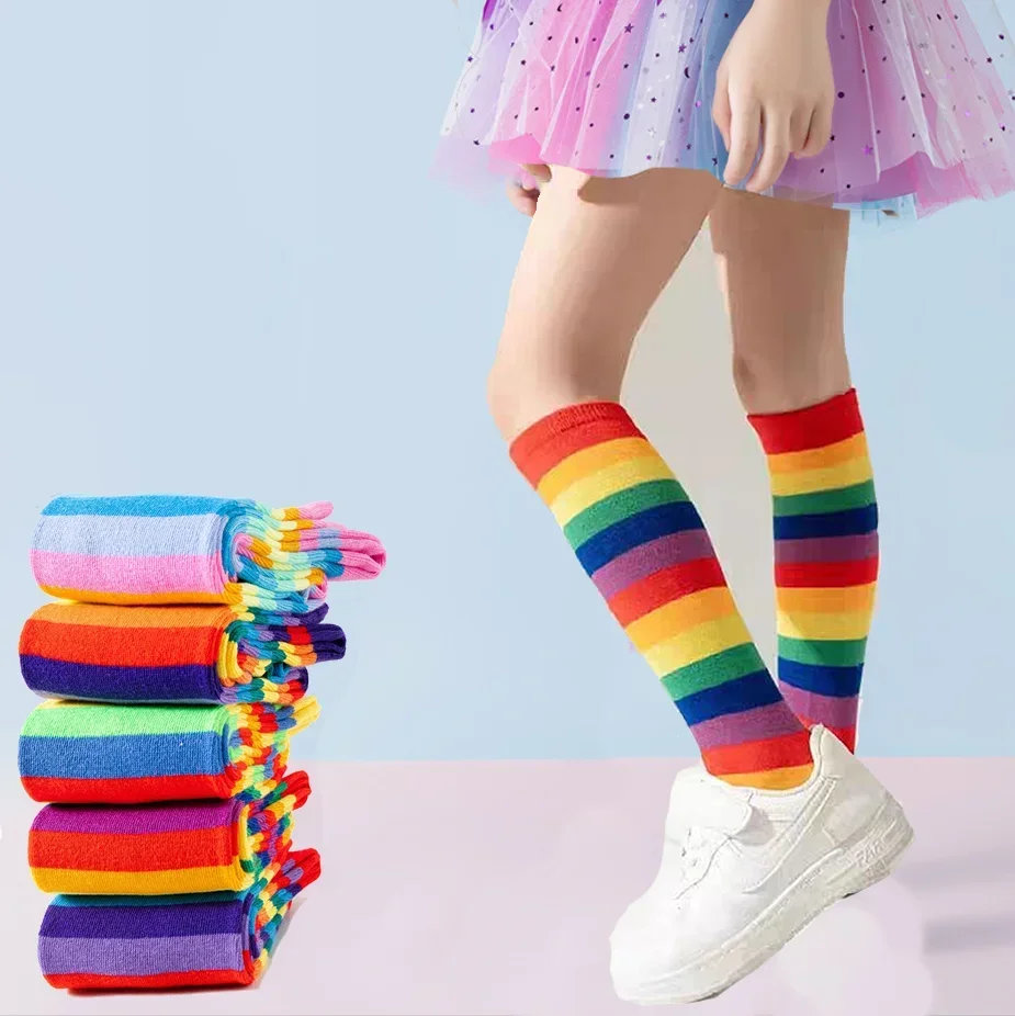 Funny Rainbow Colors Women's Stockings Breathable Elastic Cosplay Socks Party Performance Soft Rainbow Striped Socks For Girls